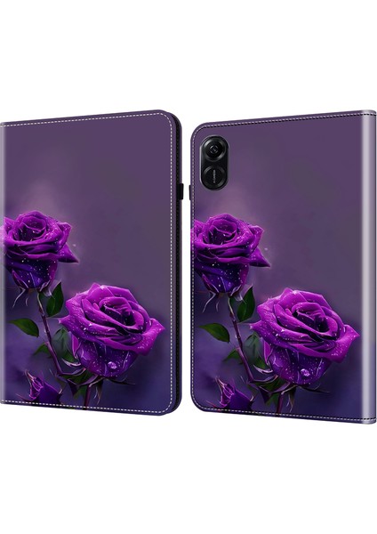 Honor Pad X9 Kılıf El Kayışı Desenli Pu Deri Standlı Tablet Kapağı-Mor Gül (Yurt Dışından)