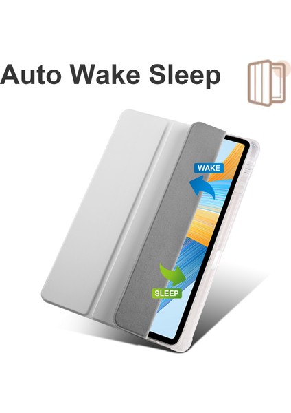 Honor Pad V8 Pro Üç Katlı Stand Tablet Kılıfı Pu Deri Şeffaf Tpu Geri Akıllı Kapak ile Kalem Tutucu-Gri (Yurt Dışından)