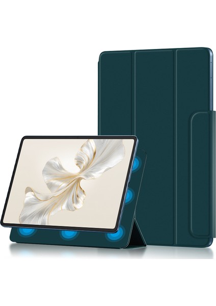 Honor Pad 9 Pro Tablet Kılıfı Için Manyetik Üç Katlı Stand Pu Deri + Tpu Kapak-Siyahımsı Yeşil (Yurt Dışından)