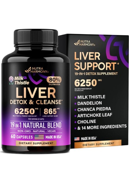 Nutraharmony Liver Cleanse Detox & Repair - Milk Thistle Dandelion Artichoke Tudca Glutathione & Nac - 80% Silymarin - Vegan - Made In Usa 60 Capsules