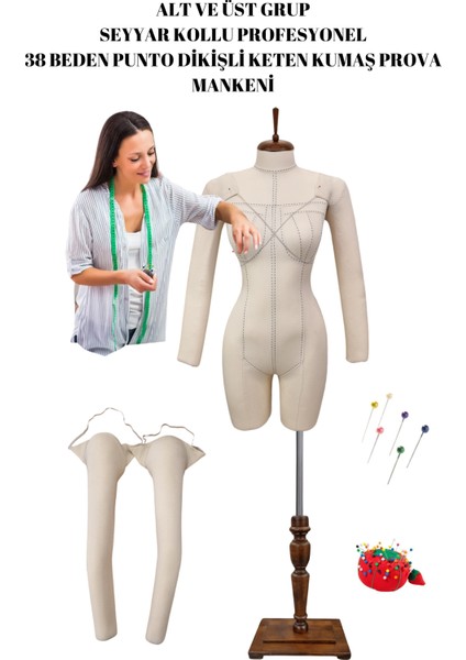 Seyyar Kollu Profesyonel Alt ve Üst Grup 38 Beden Iğne Batabilen Özel Dikişli Terzi Prova Mankeni
