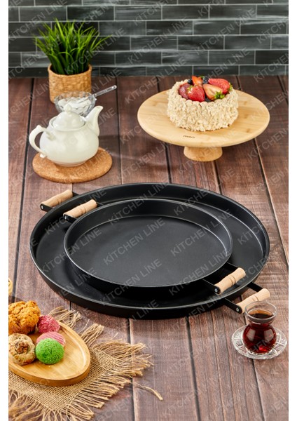 2'li Metal Tepsi Ahşap Kulplu 51 cm ve 37 cm Siyah Tepsi Çay Kahve Sunum Tepsisi