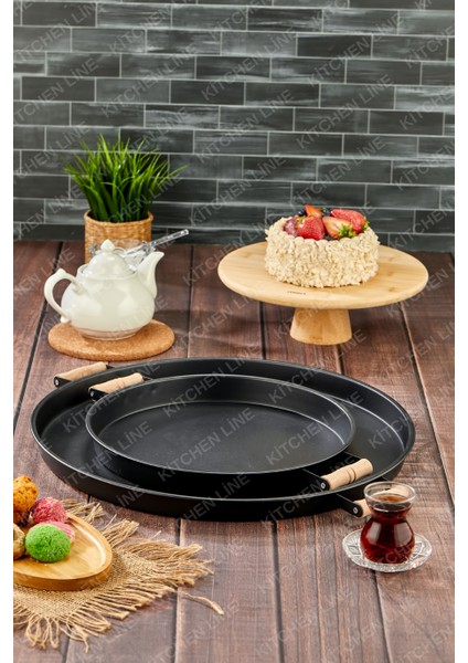 2'li Metal Tepsi Ahşap Kulplu 51 cm ve 37 cm Siyah Tepsi Çay Kahve Sunum Tepsisi