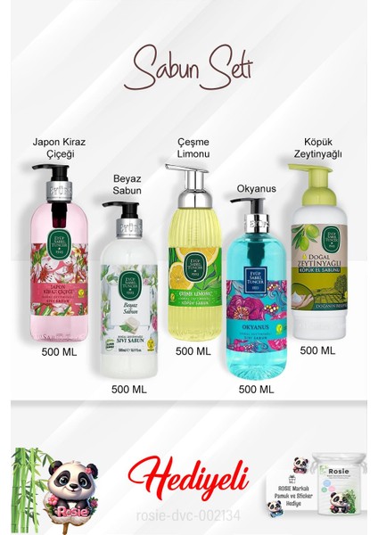 Sabun Paketi Okyanus, Çeşme Limonu, Japon Kiraz Çiçeği, Beyaz Sabun, Zeytinyağlı 500 ml ve Rosie