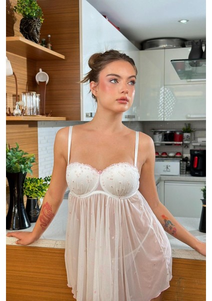Underwear Gizotti Straplez Dolgulu Kaplı Tül Gecelik Ekru&pembe