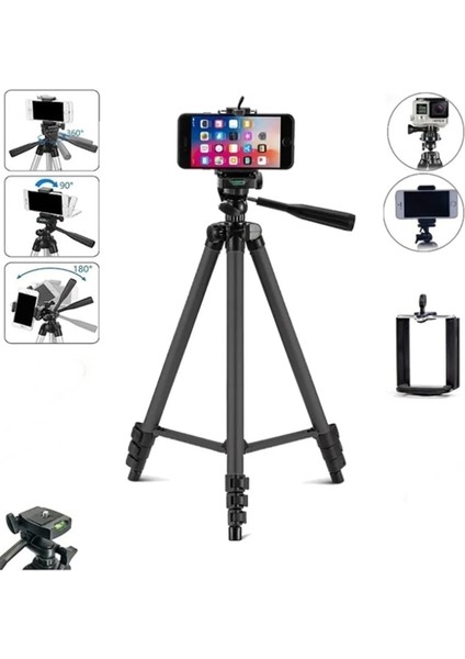 Profesyonel Fotoğraf Video Çekimi 106 cm Tripod Telefon Tutucu Kılıf Hediyeli Siyah