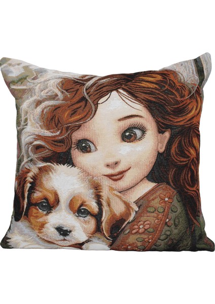Belıeve Evan Jakarlı Dokuma Goblen Dekoratif Insanlı Köpekli Sevimli Anime Kız Kırlent 45 x 45