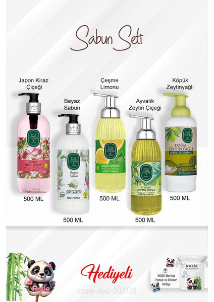 Sabun Paket 500 ml Ayvalık Zeytin Çiçeği, Çeşme Limonu, Japon Kiraz Çiçeği, Beyaz Sabun, Zeytinyağlı ve Rosie