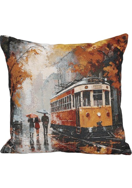 Belıeve Beyoğlu Jakarlı Dokuma Goblen Dekoratif Taksim Tünel Manzaralı Kırlent 45 x 45