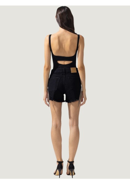 Aksesuar Detaylı Mini Jean Şort - Siyah
