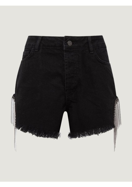 Aksesuar Detaylı Mini Jean Şort - Siyah