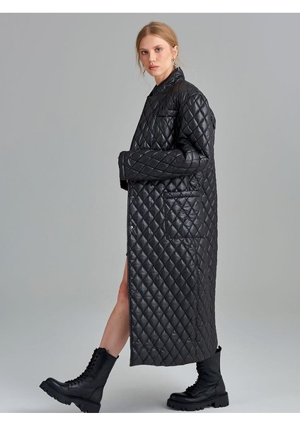 Uzun Oversize Kapitone Mont - Siyah