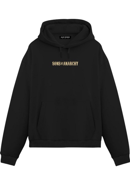 Sons of Anarchy Baskılı Unisex Siyah Oversize Fit Pamuklu Kapüşonlu Sweatshirt