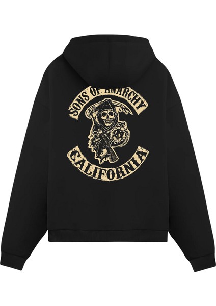 Sons of Anarchy Baskılı Unisex Siyah Oversize Fit Pamuklu Kapüşonlu Sweatshirt