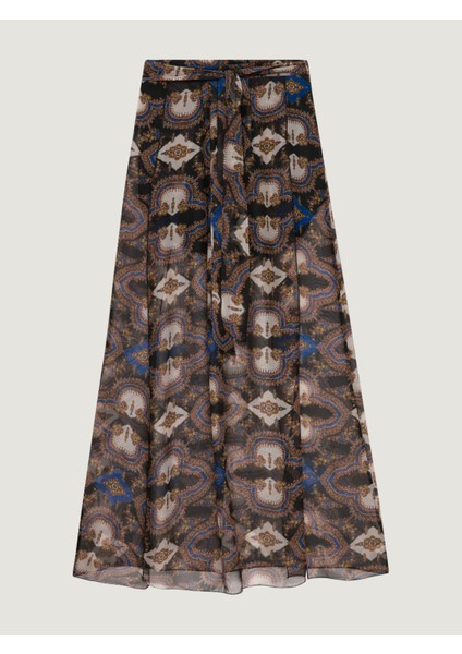 Önü Çift Yırtmaçlı Beli Lastikli Maxi Boy Etek - Şal Desenli