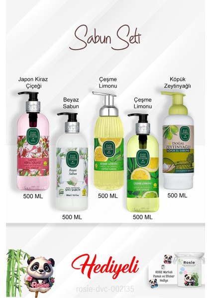 500 ml Sabun Paket Çeşme Limonu Sıvı ve Köpük, Japon Kiraz Çiçeği, Beyaz Sabun, Zeytinyağlı ve Rosie