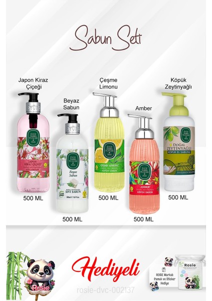 500 ml Sabun Paket Amber, Çeşme Limonu, Japon Kiraz Çiçeği, Beyaz Sabun, Zeytinyağlı ve Rosie