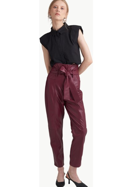 Yüksek Bel Kuşaklı Vegan Deri Pantolon - Bordo