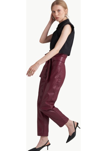 Yüksek Bel Kuşaklı Vegan Deri Pantolon - Bordo