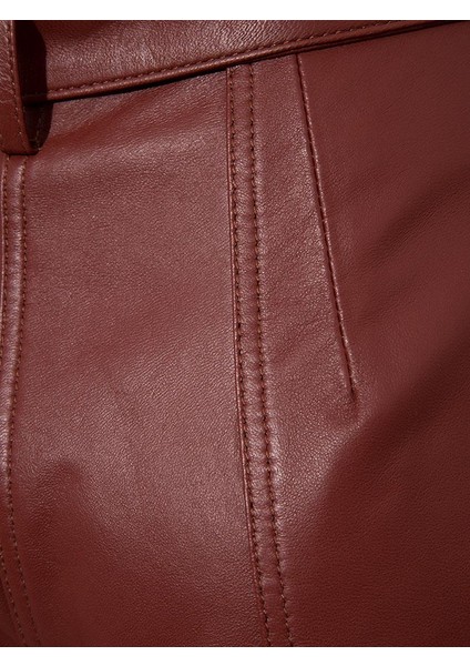 Yüksek Bel Kuşaklı Vegan Deri Pantolon - Bordo