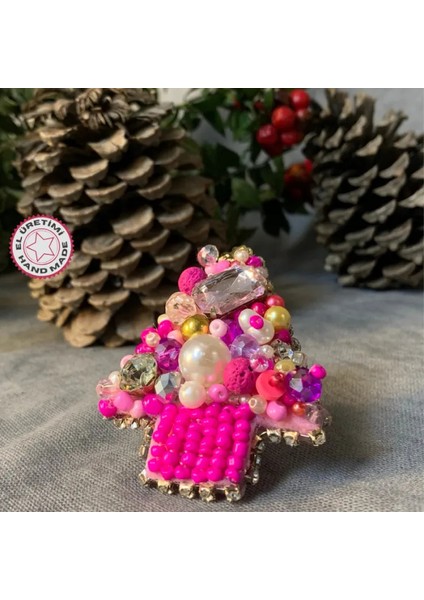 Uretti El Yapımı Keçe Pembe Yılbaşı Ağacı Broş - 5 x 7 cm