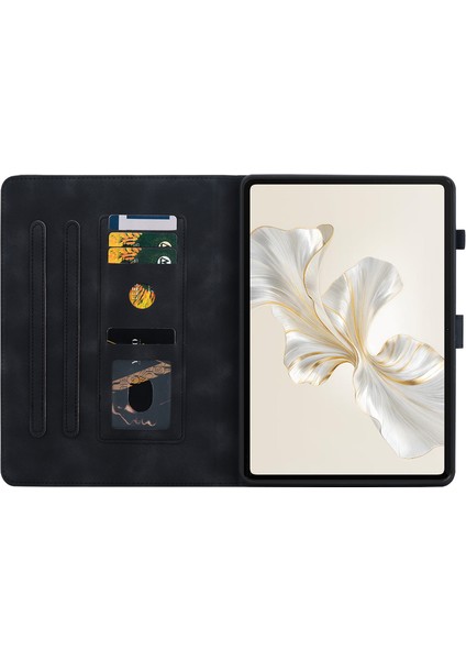 Honor Pad 9 Için Kart Yuvalı Kılıf Zambak Çiçeği Baskı Deri Standı Tablet Kapağı-Siyah (Yurt Dışından)