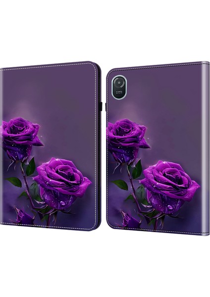 Honor Pad 8 Standlı Kılıf Desenli Baskı Deri Tablet Kılıfı, Kart Yuvalı-Mor Gül (Yurt Dışından)