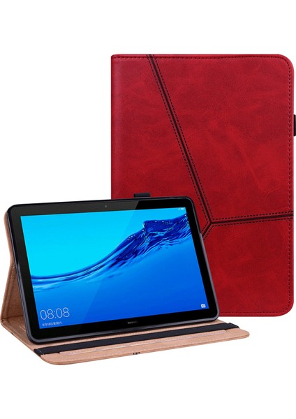 Huawei Mediapad T5 10.1-Kırmızı Için Kart Tutuculu Dikiş Hattı Tasarımı Deri Tablet Standı Kapağı (Yurt Dışından)