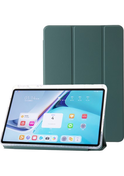 Huawei Matepad 11(2021)/(2023)CASE Deri+Tpu+Şeffaf Akrilik Üç Katlı Stand Kapağı-Siyahımsı Yeşil (Yurt Dışından)