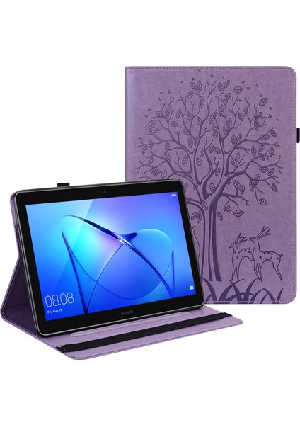 Ağaç ve Geyik Desen Baskılı Pu Deri Tablet Standı Kapak Kılıfı Kart Yuvaları ile Huawei Mediapad T3 10-Mor (Yurt Dışından)
