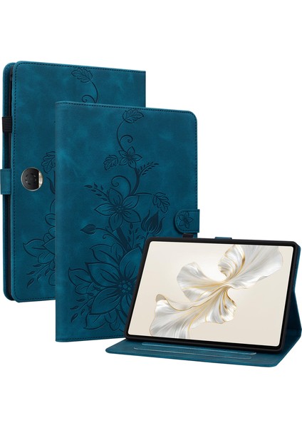 Honor Pad 9 Için Kart Yuvalı Kılıf Zambak Çiçeği Baskılı Deri Stand Tablet Kapağı-Mavi (Yurt Dışından)
