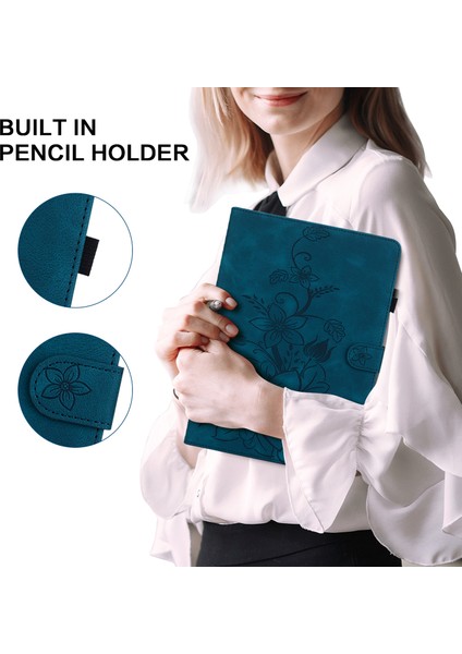 Honor Pad 9 Için Kart Yuvalı Kılıf Zambak Çiçeği Baskılı Deri Stand Tablet Kapağı-Mavi (Yurt Dışından)