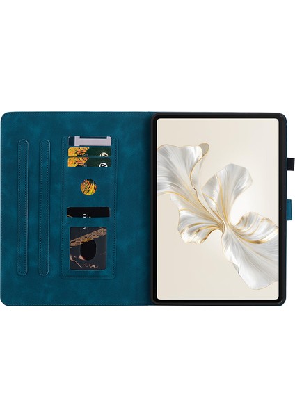 Honor Pad 9 Için Kart Yuvalı Kılıf Zambak Çiçeği Baskılı Deri Stand Tablet Kapağı-Mavi (Yurt Dışından)