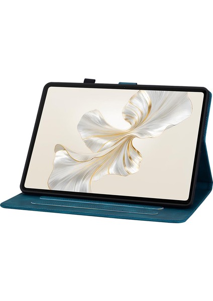 Honor Pad 9 Için Kart Yuvalı Kılıf Zambak Çiçeği Baskılı Deri Stand Tablet Kapağı-Mavi (Yurt Dışından)