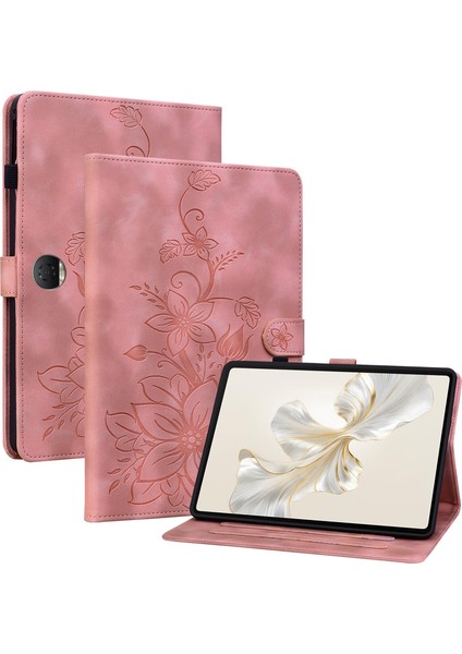 Honor Pad 9 Için Kart Yuvalı Kılıf Zambak Çiçeği Baskılı Deri Stand Tablet Kapağı-Pembe (Yurt Dışından)