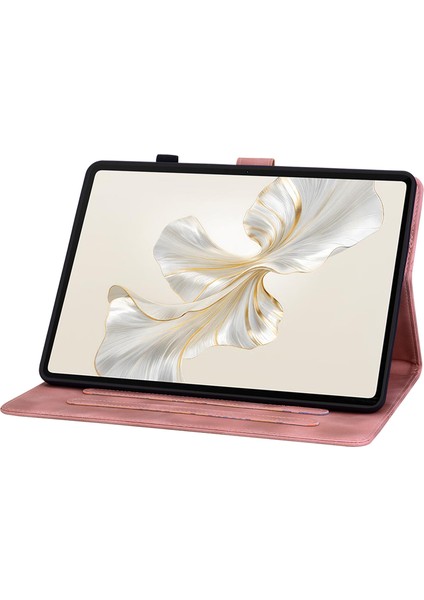 Honor Pad 9 Için Kart Yuvalı Kılıf Zambak Çiçeği Baskılı Deri Stand Tablet Kapağı-Pembe (Yurt Dışından)