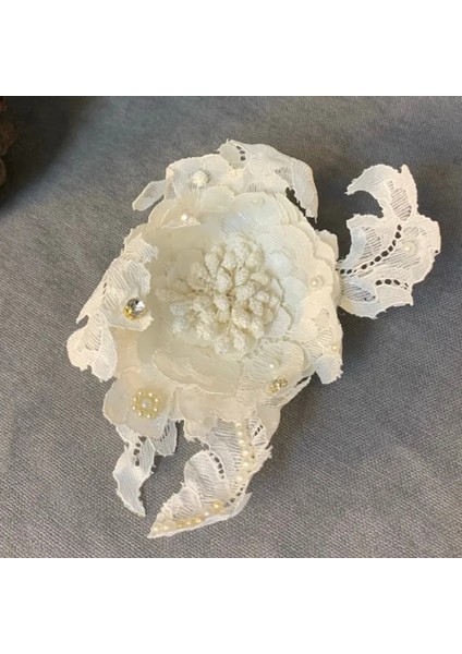 Uretti El Yapımı Dantel ve Taş Detaylı Yaka Çiçeği / Broş - 10 x 12 cm