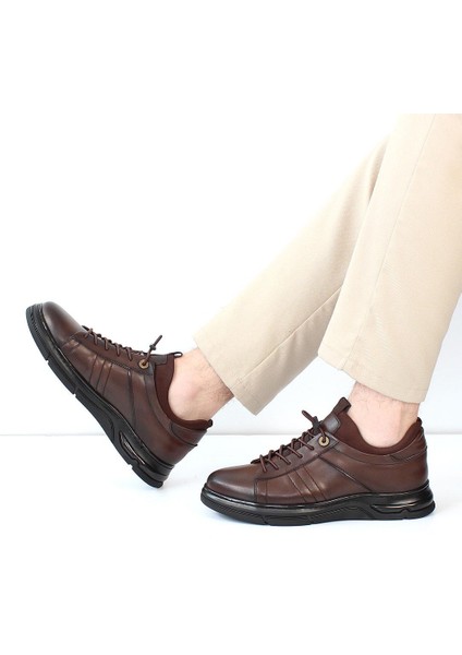 Erkek Kahverengi Bağcıklı Kalın Tabanlı Deri Sneaker