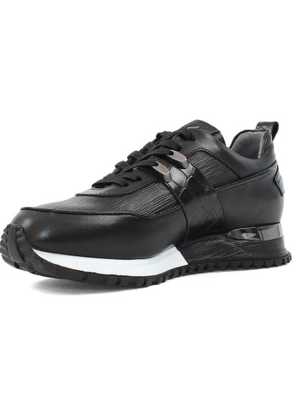 Erkek Siyah Bağcıklı Kalın Tabanlı Deri Sneaker fırsatları