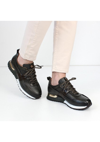 Erkek Haki Bağcıklı Kalın Tabanlı Deri Sneaker