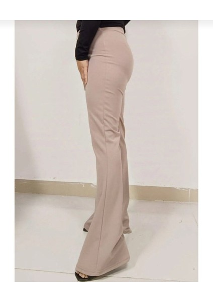 Enine Boyuna Likralı Scuba Krep Kumaş Kadın Ispanyol Paça Pantolon modelleri