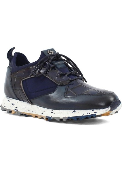 Erkek Lacivert Kroko Bağcıklı Kalın Tabanlı Deri Sneaker