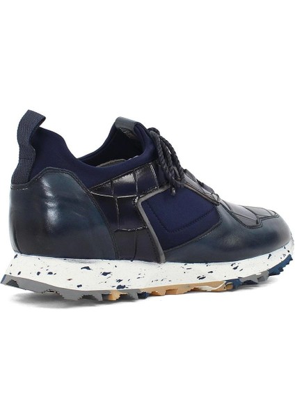 Erkek Lacivert Kroko Bağcıklı Kalın Tabanlı Deri Sneaker
