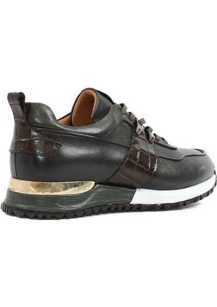 Erkek Haki Bağcıklı Kalın Tabanlı Deri Sneaker