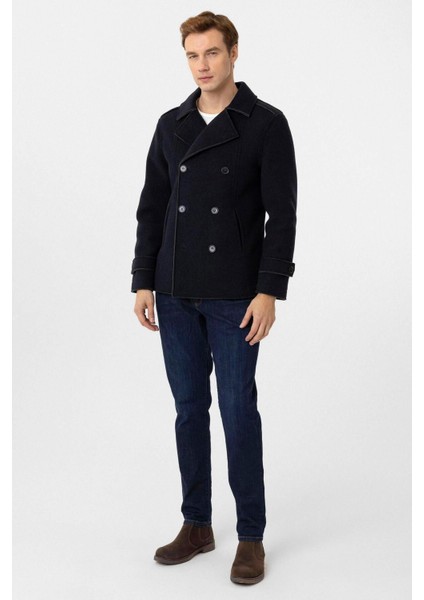 Dar Kesim Kruvaze Lacivert Esnek Yünlü Kumaş Erkek Kaban fiyatları