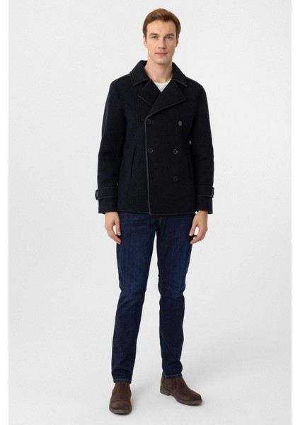 Dar Kesim Kruvaze Lacivert Esnek Yünlü Kumaş Erkek Kaban indirimleri