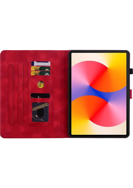 Huawei Matepad Se 11 Kılıf Zambak Çiçeği Baskılı Deri Tablet Kılıfı Kart Yuvalı-Kırmızı (Yurt Dışından)