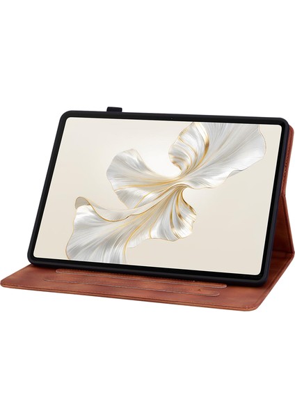Honor Pad 9 Için Kart Yuvalı Kılıf Zambak Çiçeği Baskı Deri Standı Tablet Kapağı-Kahverengi (Yurt Dışından)