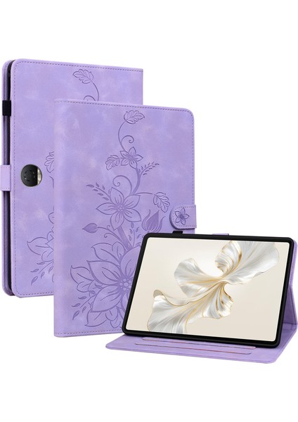 Honor Pad 9 Için Kart Yuvalı Kılıf Zambak Çiçeği Baskı Deri Standlı Tablet Kapağı-Mor (Yurt Dışından)