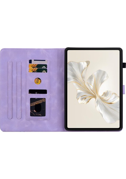 Honor Pad 9 Için Kart Yuvalı Kılıf Zambak Çiçeği Baskı Deri Standlı Tablet Kapağı-Mor (Yurt Dışından)